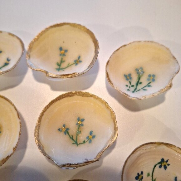 Hand Painted Scallop Shell Dishes Blue Floral Salt Trinket Vintage Set Of 11 - Picture 3 of 10